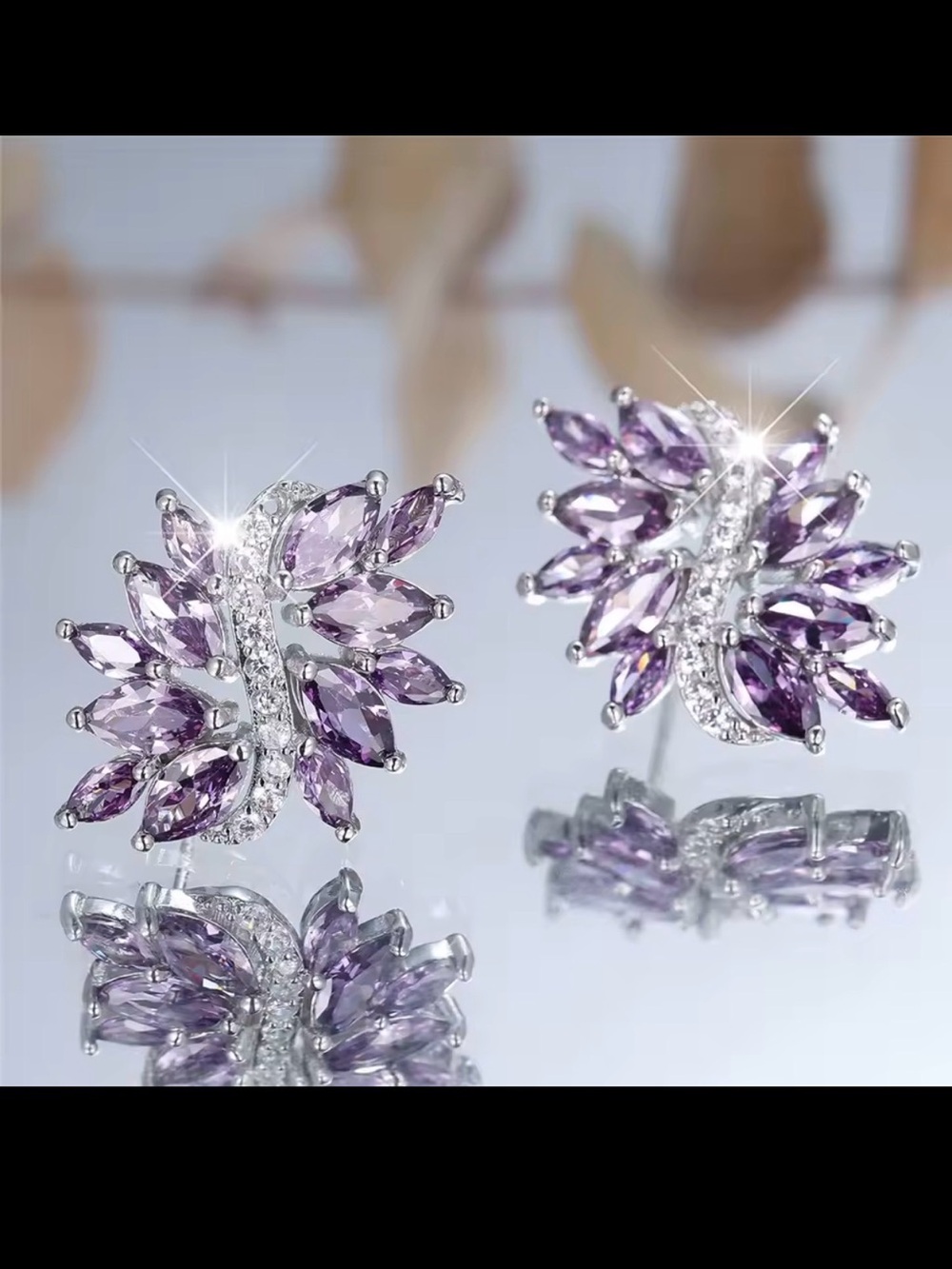 Purple Crystal Floral Stud Earrings - Women Jewelry - Picture 5 of 7